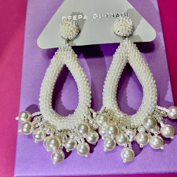 NWT Antropologie Deepa Gurnani Ivory Beaded Hoop Earrings with Pearl Tassels - Picture 6 of 10